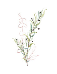 Watercolor painted floral bouquet isolated on white background. Arrangement with branches, leaves, pink gold dust graphic elements.