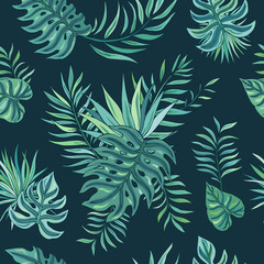 Tropic painting seamless pattern with tropical leaves. Tropical botanical Motives. Vector illustration. Summer decoration print for wrapping, wallpaper, fabric. 
