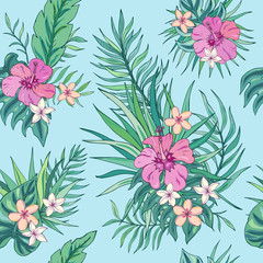 Tropic seamless pattern with hibiscus, plumeria and tropical leaves. Summer decoration print for wrapping, wallpaper, fabric. Seamless vector texture. Tropical bouquet flowers.