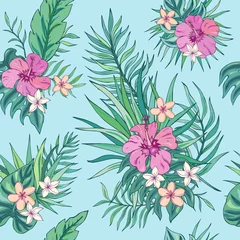 Badezimmer Foto Rückwand Tropic seamless pattern with hibiscus, plumeria and tropical leaves. Summer decoration print for wrapping, wallpaper, fabric. Seamless vector texture. Tropical bouquet flowers. © Anna Sobol