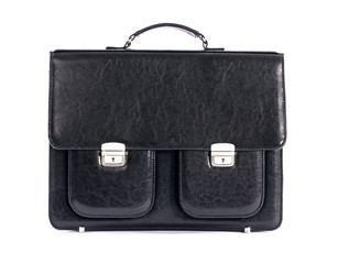Fashion men's leather bag, briefcase, diplomat, for office, for laptop, isolated on white background, clipping path, for design, mock up, black