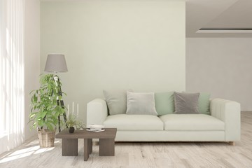 Stylish room in white color with sofa. Scandinavian interior design. 3D illustration