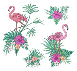 Fototapeta premium Flamingo with palm leaves, hibiscus and plumeria. Vector isolated illustration on white background. Exotic set tropical for wedding invitations, greeting card and fashion design. Tropical bouquet.