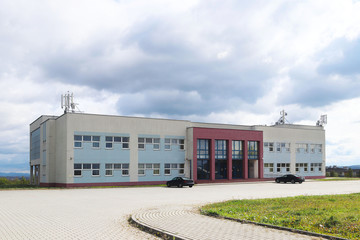 Jaslo, Poland - Sept 9 2018: Modern school. Gym and backyard.Place of school events and sport activities. Education of schoolchildren. Healthy lifestyle. Construction of educational institutions