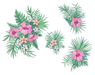 Tropical bouquet with plumeria, hibiscus and palm leaves. Vector isolated illustration on white background. Exotic set tropical garden for wedding invitations, greeting card and fashion design.