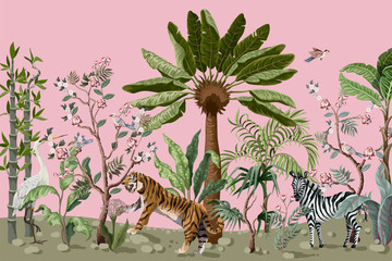 Motif de style chinoiserie avec tigre, hérons et arbres de la jungle.