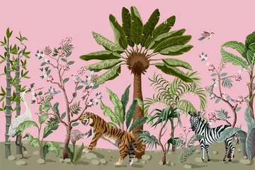 Crédence en verre imprimé Paysage botanique vintage Motif de style chinoiserie avec tigre, hérons et arbres de la jungle.