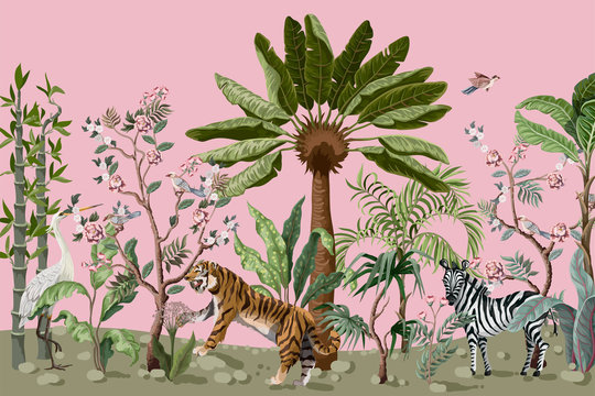 Chinoiserie Tiger Reiher Dschungelbäume Muster