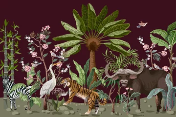  Pattern in chinoiserie style with tiger, heron and jungle trees. © Yumeee