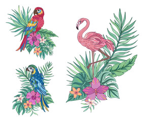 Tropical collection parrots and flamingo. Vector design isolated elements on the white background. Exotic flowers and palm leaves. Exotic set tropical for wedding invitations, greeting card.