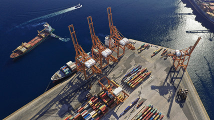 Aerial photo of industrial cargo container terminal in Perama and Drapetsona commercial port near...