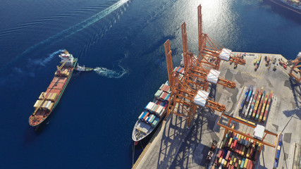 Aerial photo of industrial cargo container terminal in Perama and Drapetsona commercial port near...