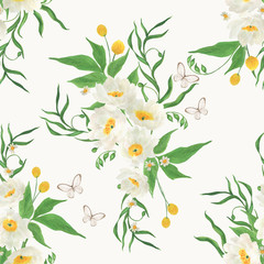 Watercolor painting fresh spring pattern. Seamless background with primula veris flowers and butterflies