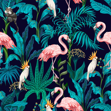 Seamless pattern with jungle trees, flamingo and parrots. Vector.