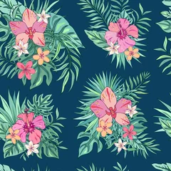 Foto op Canvas Tropic seamless pattern with hibiscus, plumeria, orchid and tropical leaves. Summer decoration print for wrapping, wallpaper, fabric. Seamless vector texture. Tropical bouquet flowers. © Anna Sobol