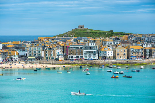 Elevated views of the popular seaside resort of St. Ives in Cornwall, UK