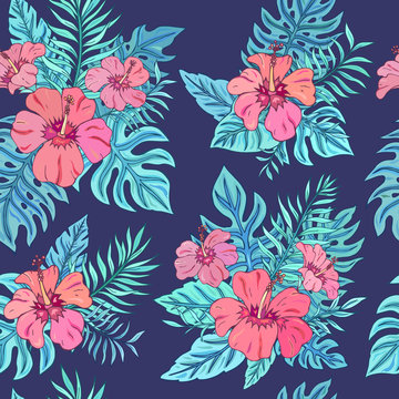 Tropic seamless pattern with hibiscus and tropical leaves. Summer decoration print for wrapping, wallpaper, fabric. Seamless vector texture. Tropical bouquet flowers.