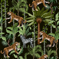 Fototapety  Seamless pattern in chinoiserie style with tiger, heron and jungle trees.