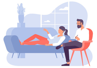 Flat design vector concept for psychotherapy session. Patient with psychologist, psychotherapist office. Psychiatrist session in mental health clinic.