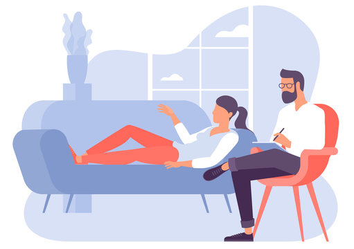 Flat design vector concept for psychotherapy session. Patient with psychologist, psychotherapist office. Psychiatrist session in mental health clinic.
