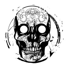 Black and white hand drawn illustration of human skull.