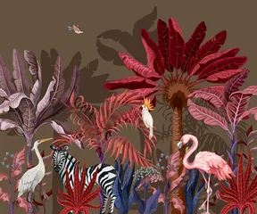 Fototapete Border with tropical animals in jungle. Vector. © Yumeee