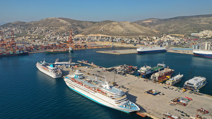 Fototapeta na wymiar Aerial drone photo of industrial seaside zone of Keratsini near commercial port of Piraeus, Attica, Greece