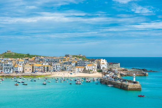 Elevated Views Of The Popular Seaside Resort Of St. Ives In Cornwall, UK