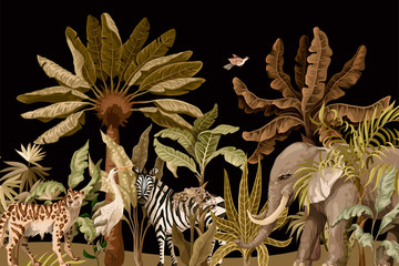 Muster mit Elefanten, Zebras und tropischen Bäumen © Yumeee