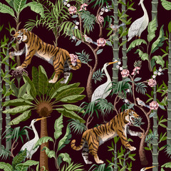 Seamless pattern in chinoiserie style with tiger, heron and jungle trees.