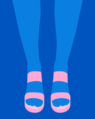 Female legs in pink sandals on a blue background. Flat design. Vector illustration