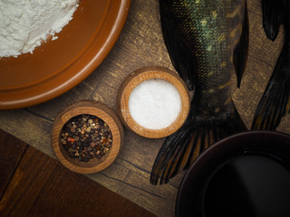 Salt, flour, and fish. Food preparation products