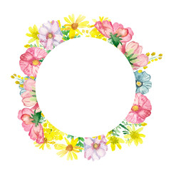 Watercolor hand painted nature floral meadow circle frame with pink acacia, Arnica, wormwood, blue Daisy, yellow dandelion flowers bouquet composition on the white background with the space for text