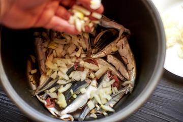 Raw herring fish, sprats and chopped onions and carrots. Preparation for cooking fish with vegetables.