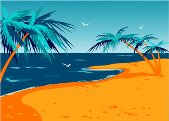Sea, resort, blue water, camping, vacation, palm trees, water bungalow, vector illustration in blue colors