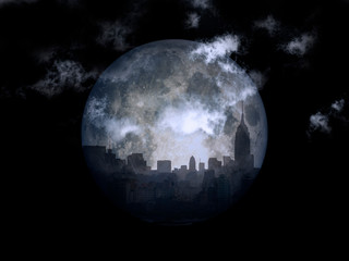 3D-weergave. Volle maan over nacht stad