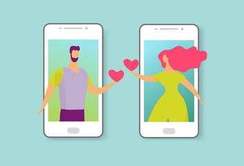 A man and a woman talk on the phone and fall in love. Illustration of online dating, love at a distance, social networking. Flat vector illustration