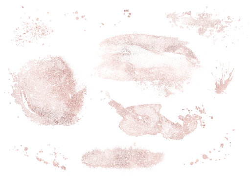 Pink Gold Dust Elements Isolated On White Background. Sparkle Graphic Elements Set.