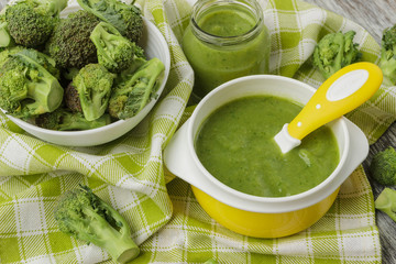 Fresh broccoli in the bowl, and portion of puree made from crushed, boiled broccoli
