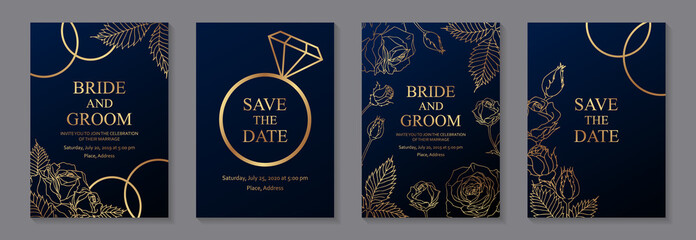 Set of luxury wedding invitation design or greeting card templates with golden roses and rings on a navy blue background.