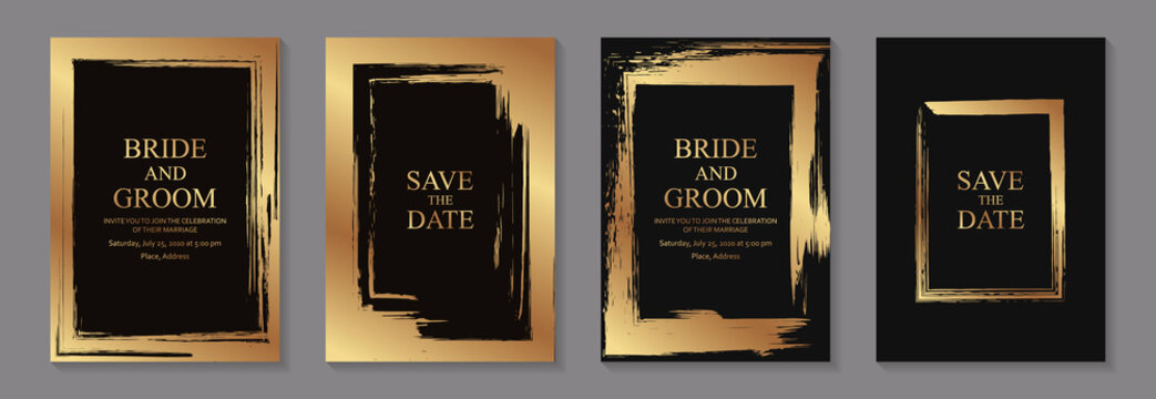 Set of modern grunge luxury wedding invitation design or card templates for business or poster or greeting with golden paint brush frames on a black background.