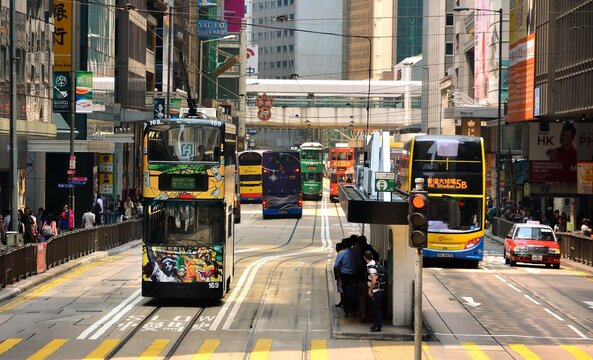 HONG KONG, CHINA - MARCH 29 : Hong Kong cityscape view with famous trams at Wan Chai district of Hong Kong