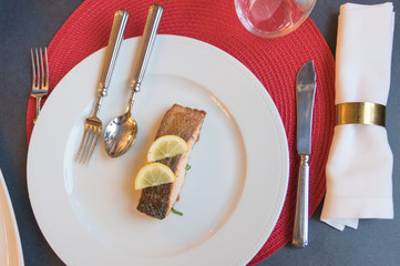 Grilled salmon recipe, top view photo
