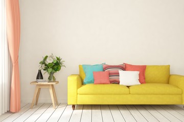 Modern classic room in white color with colorful furniture. Scandinavian interior design. 3D illustration