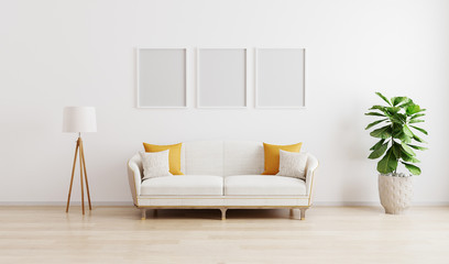 Three blank poster frame in bright modern living room with white sofa, living room mock up. Scandinavian style, cozy interior background. Bright stylish room mockup.3d render