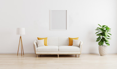 Blank frame in bright modern living room with white sofa, floor lamp and green plant on wooden laminate. Scandinavian style, cozy interior background. Bright stylish room mockup.3d render