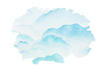 Hand drawn watercolor painting of blue foggy mountains. isolated background.