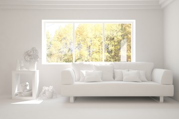 Stylish room in white color with sofa and autumn landscape in window. Scandinavian interior design. 3D illustration