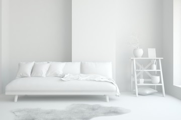 Mock up of stylish room in white color with sofa. Scandinavian interior design. 3D illustration