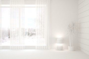Empty room in white color. Scandinavian interior design. 3D illustration
